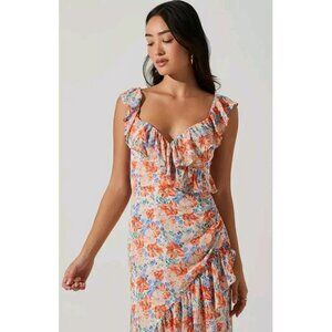 ASTR the Label Mahalia Blue Orange ruffled floral maxi Dress, Size LG flounce‎